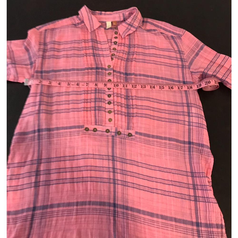 Anthro Pilcro Plaid Tunic XS Pink Blue Henley Pintuck High Low Shirt - Picture 6 of 11